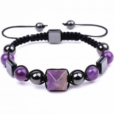 Ametist - Bratara Ajustabila Impletita cu Margele din Ametist si Hematit de 8mm cu Piramida de Ametist - Cadou Special