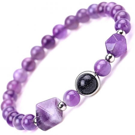 Pesti - Bratara Elastica cu margele Ametist de 6mm si Farmecul Sistemului Solar - Bratara Handmade  pentru Femei