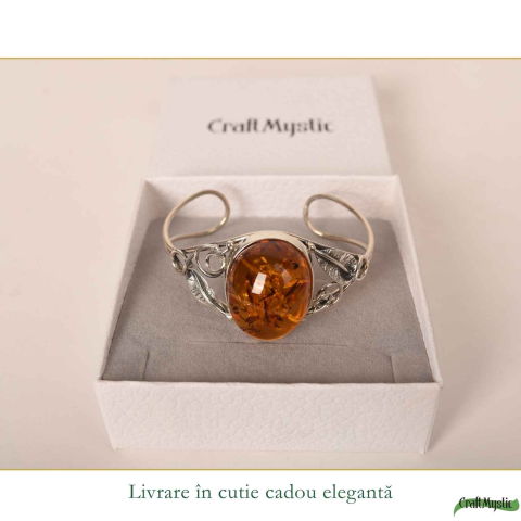 Bratara Argint 925 cu Chihlimbar Oval si Frunze – Caldura si Eleganta Naturala [5]