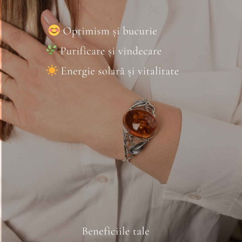 Bratara Argint 925 cu Chihlimbar Oval si Frunze – Caldura si Eleganta Naturala [2]