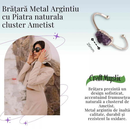 Bratara argintie cu piatra naturala in forma libera cluster Ametist - Pentru Claritate si Relaxare [5]