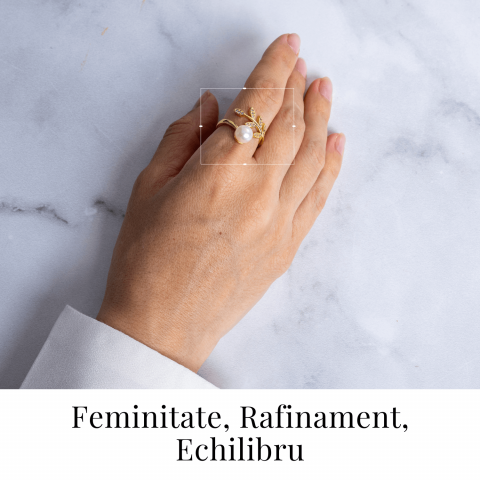 Inel cu perla naturala si frunza aurie – Eleganta care infloreste [1]