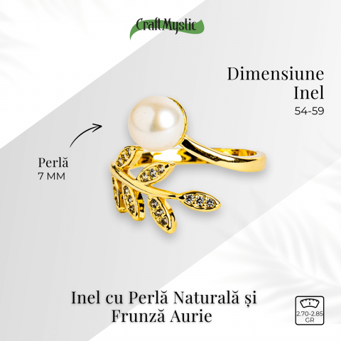 Inel cu perla naturala si frunza aurie – Eleganta care infloreste [3]