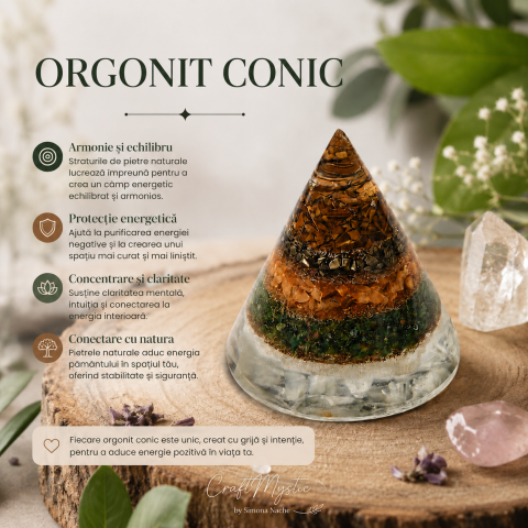 Orgonit Conic cu Ochi de Tigru, Pirita, Citrin, Aventurin Verde si Selenit – Echilibru si Prosperitate [5]