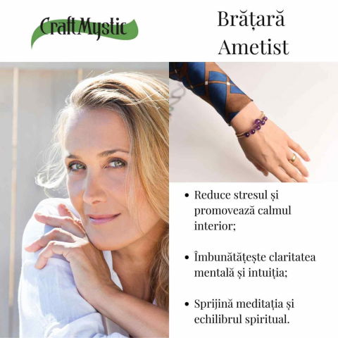 Bratara dubla metalica aurie cu ametist natural pentru calm si claritate mentala [2]