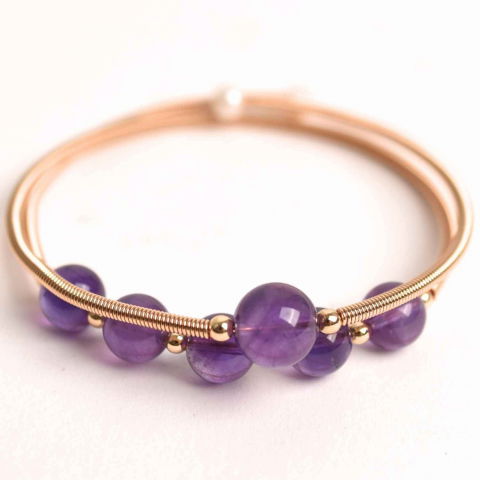 Claritate Mentala si Focus - Bratara dubla metalica aurie cu ametist natural pentru calm si claritate mentala