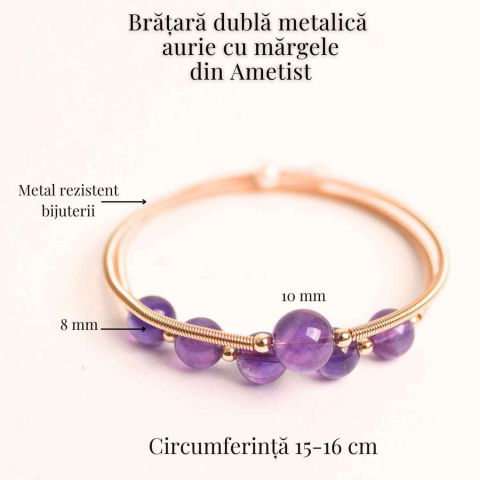 Bratara dubla metalica aurie cu ametist natural pentru calm si claritate mentala [3]