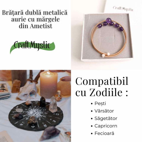 Bratara dubla metalica aurie cu ametist natural pentru calm si claritate mentala [4]