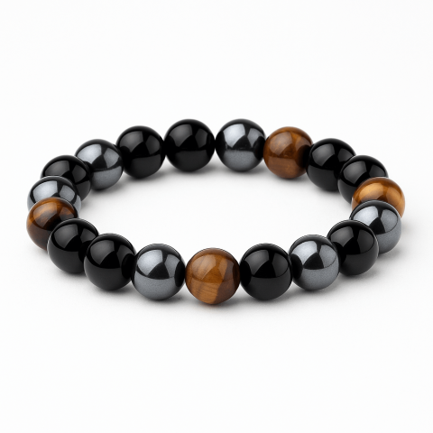 Fecioara - Bratara cu tripla protectie din obsidian negru, ochi de tigru si hematit 10 mm - Bratara feng shui pentru protectie, noroc si prosperitate