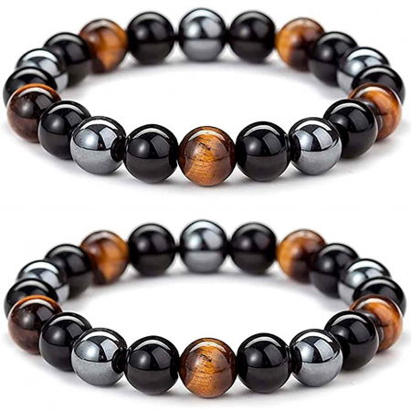 Bratara cu tripla protectie din obsidian negru, ochi de tigru si hematit 10 mm - Bratara feng shui pentru protectie, noroc si prosperitate [5]