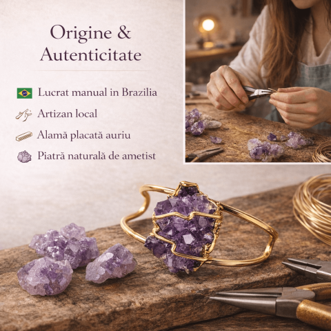 Bratara cu Ametist Natural din Brazilia | Alama Placata Auriu | CraftMystic [2]