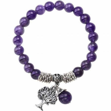 Berbec - Bratara din pietre semipretioase 8mm Ametist- Pandativ cu Arborele vietii