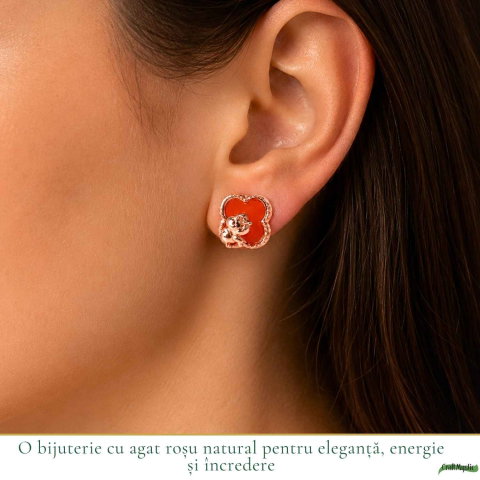 Cercei Argint 925 cu Agat Rosu Natural in Forma de Trifoi si Calut – Noroc, Curaj si Eleganta [1]