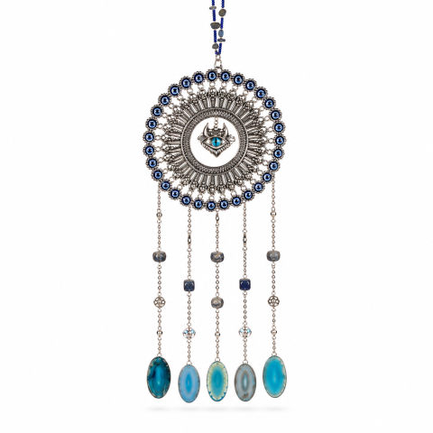 Claritate Mentala si Focus - Dreamcatcher cu Sodalit, Felii de Agat si Ochi Protector – Claritate si Protectie Energetica