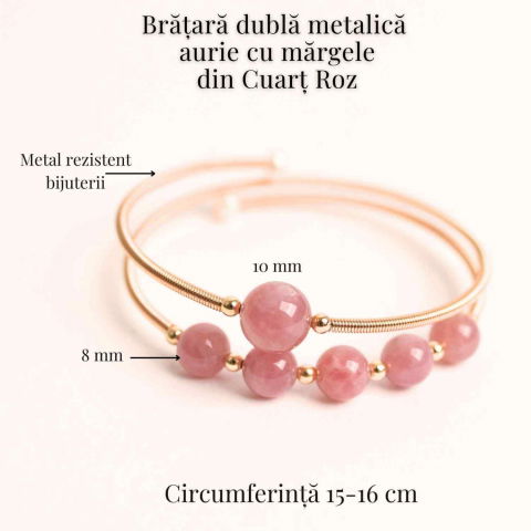 Bratara dubla metalica aurie si Cuart Roz natural pentru calm si claritate mentala [3]