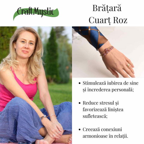 Bratara dubla metalica aurie si Cuart Roz natural pentru calm si claritate mentala [2]