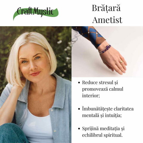 Bratara dubla metalica argintie cu ametist natural pentru calm si claritate mentala [2]