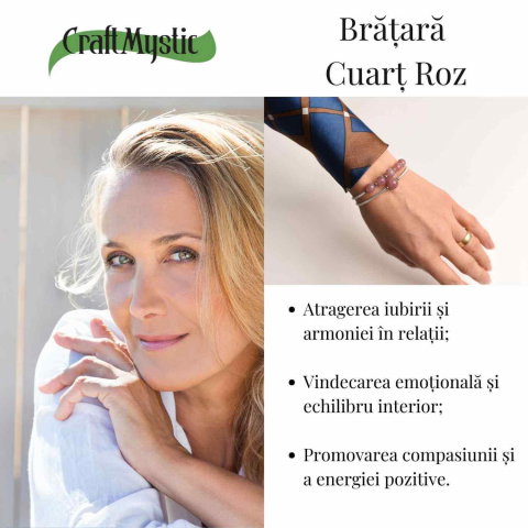 Bratara dubla metalica argintie si Cuart Roz natural pentru calm si claritate mentala [2]