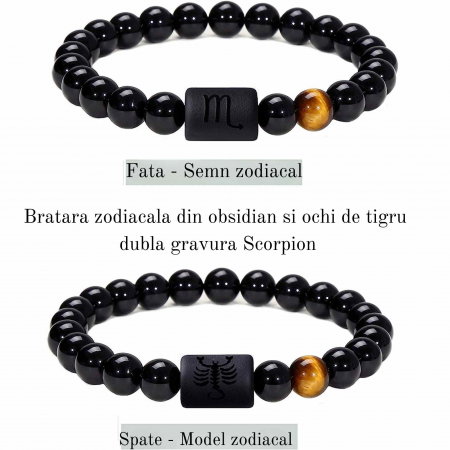 Bratara din pietre naturale 8mm Obsidian si Ochi de Tigru pentru barbati cu cele 12 constelatii - Include dubla gravura cu semn zodiacal specific [1]