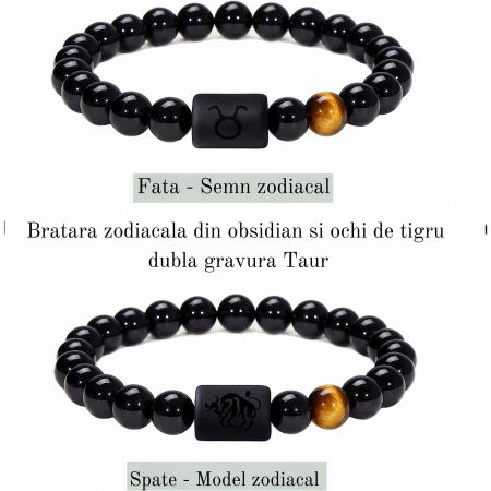 Bratara din pietre naturale 8mm Obsidian si Ochi de Tigru pentru barbati cu cele 12 constelatii - Include dubla gravura cu semn zodiacal specific [1]
