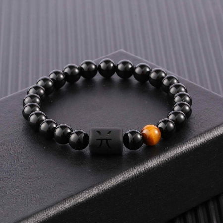 Bratara din pietre naturale 8mm Obsidian si Ochi de Tigru pentru barbati cu cele 12 constelatii - Include dubla gravura cu semn zodiacal specific [2]