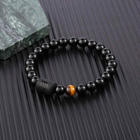 Bratara din pietre naturale 8mm Obsidian si Ochi de Tigru pentru barbati cu cele 12 constelatii - Include dubla gravura cu semn zodiacal specific [2]
