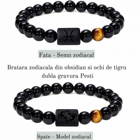Bratara din pietre naturale 8mm Obsidian si Ochi de Tigru pentru barbati cu cele 12 constelatii - Include dubla gravura cu semn zodiacal specific [1]