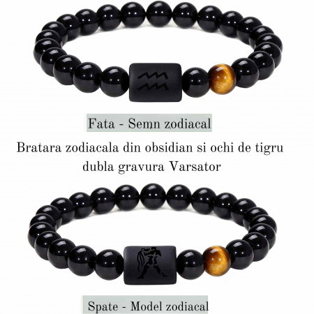 Bratara din pietre naturale 8mm Obsidian si Ochi de Tigru pentru barbati cu cele 12 constelatii - Include dubla gravura cu semn zodiacal specific [1]