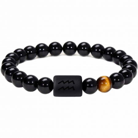 Tip Cristal - Bratara din pietre naturale 8mm Obsidian si Ochi de Tigru pentru barbati cu cele 12 constelatii - Include dubla gravura cu semn zodiacal specific