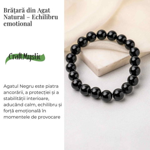 Bratara din Agat Negru Natural cu Margele Rotunde – Echilibru, Protectie si Ancorare [2]