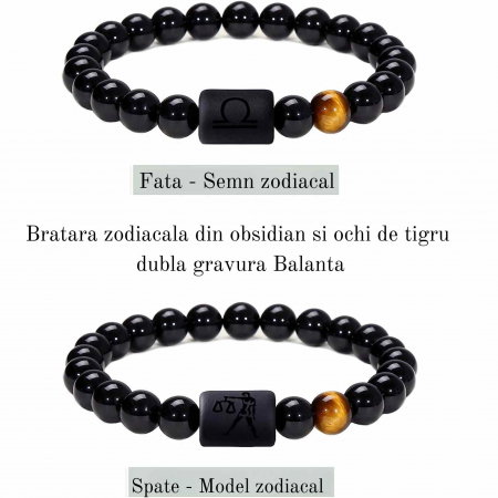 Bratara din pietre naturale 8mm Obsidian si Ochi de Tigru pentru barbati cu cele 12 constelatii - Include dubla gravura cu semn zodiacal specific [1]