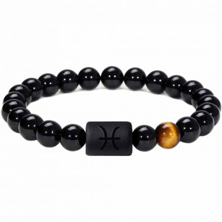 Bratara din pietre naturale 8mm Obsidian si Ochi de Tigru pentru barbati cu cele 12 constelatii - Include dubla gravura cu semn zodiacal specific [0]