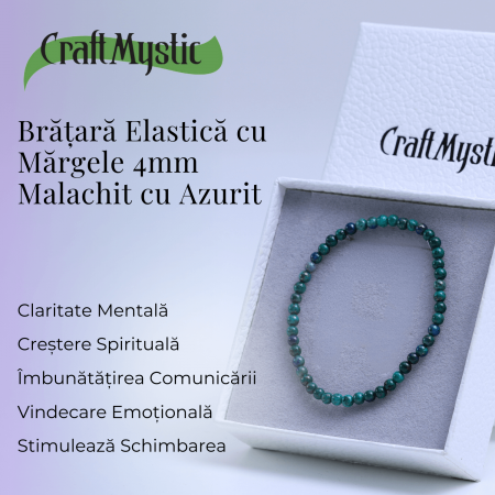 Bratara Elastica cu Margele Naturale de 4mm din Azurit cu Malachit, Protectie si Claritate [4]