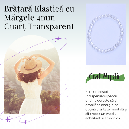 Bratara Elastica cu Margele Naturale de 4mm din Cuart transparent pentru Claritate Mentala si Focus [5]