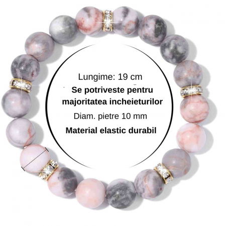 Bratara elastica cu pietre semipretioase zebra stone roz de 10 si 5 mm cu margele aurii si strasuri [1]