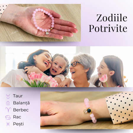 Bratara Elastica cu Margele din Cuart Roz de 8 mm, Pandantiv Albastru si Cosulet [4]