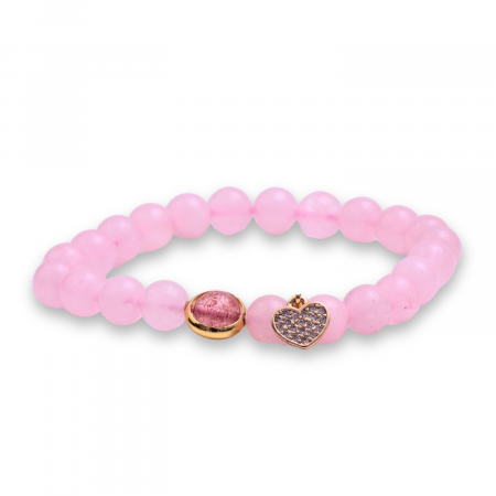 Bratara Elastica cu Margele din Cuart Roz de 8 mm, Pandantiv Sferic si Inimioara
