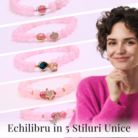 Bratara Elastica cu Margele din Cuart Roz de 8 mm si Pandantiv Steluta [2]