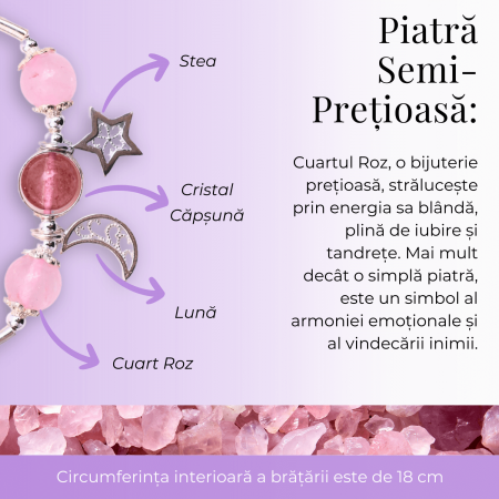 Bratara Metalica cu Margele din Cuart Roz, Pandantiv Stea si Luna [6]
