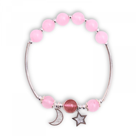 Bratara Metalica cu Margele din Cuart Roz, Pandantiv Stea si Luna [1]