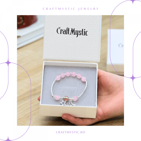 Bratara Metalica cu Margele din Cuart Roz, Pandantiv Stea si Luna [2]