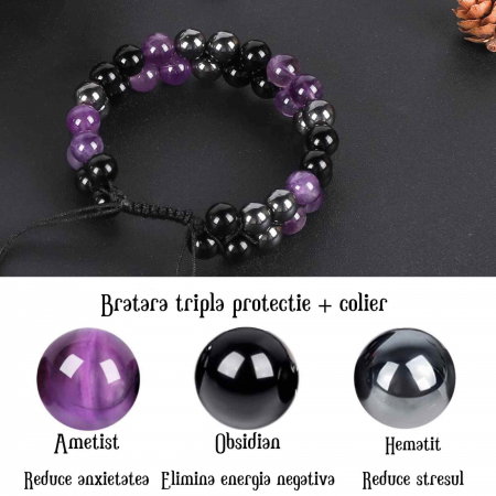 Set colier si bratara cu tripla protectie cu cristale naturale lucrata manual pentru barbati si femei - Margele de 8 mm din hematit, obsidian negru si ametist - Protectie, noroc [2]
