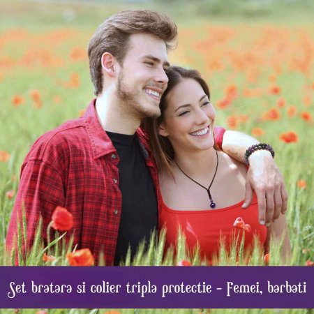 Set colier si bratara cu tripla protectie cu cristale naturale lucrata manual pentru barbati si femei - Margele de 8 mm din hematit, obsidian negru si ametist - Protectie, noroc [6]