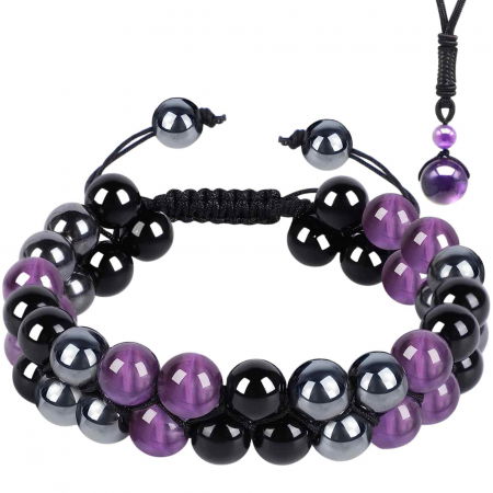 Incredere si Curaj - Set colier si bratara cu tripla protectie cu cristale naturale lucrata manual pentru barbati si femei - Margele de 8 mm din hematit, obsidian negru si ametist - Protectie, noroc