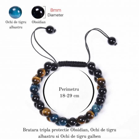 Bratara energetica cu tripla protectie, realizata din pietre semipretioase Obsidian, Ochi de tigru galben si Ochi de tigru albastru de 8 mm – bratara pentru noroc, protectie, stare de bine [2]
