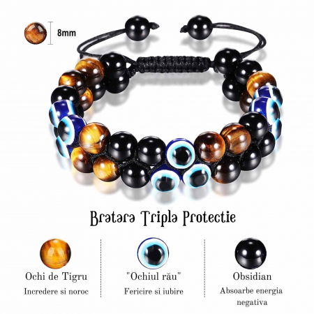 Bratara cu tripla protectie din pietre naturale 8mm Ochi de tigru natural, Obsidian negru si "Ochiul rau" - Pentru noroc si prosperitate, fericire [1]