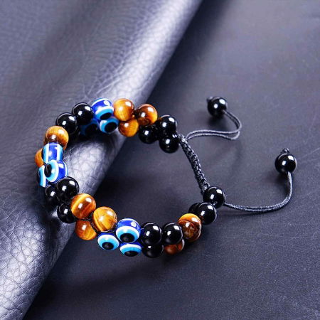 Bratara cu tripla protectie din pietre naturale 8mm Ochi de tigru natural, Obsidian negru si "Ochiul rau" - Pentru noroc si prosperitate, fericire [4]