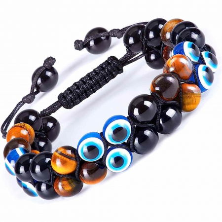 Sagetator - Bratara cu tripla protectie din pietre naturale 8mm Ochi de tigru natural, Obsidian negru si "Ochiul rau" - Pentru noroc si prosperitate, fericire