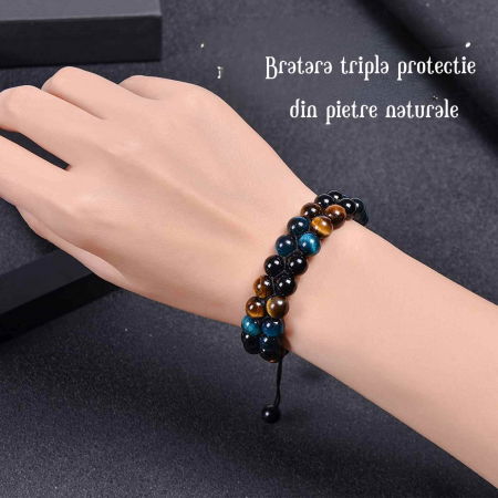 Bratara energetica cu tripla protectie, realizata din pietre semipretioase Obsidian, Ochi de tigru galben si Ochi de tigru albastru de 8 mm – bratara pentru noroc, protectie, stare de bine [3]