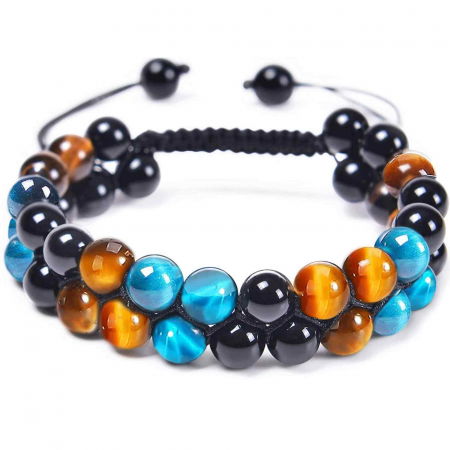 Sagetator - Bratara energetica cu tripla protectie, realizata din pietre semipretioase Obsidian, Ochi de tigru galben si Ochi de tigru albastru de 8 mm – bratara pentru noroc, protectie, stare de bine